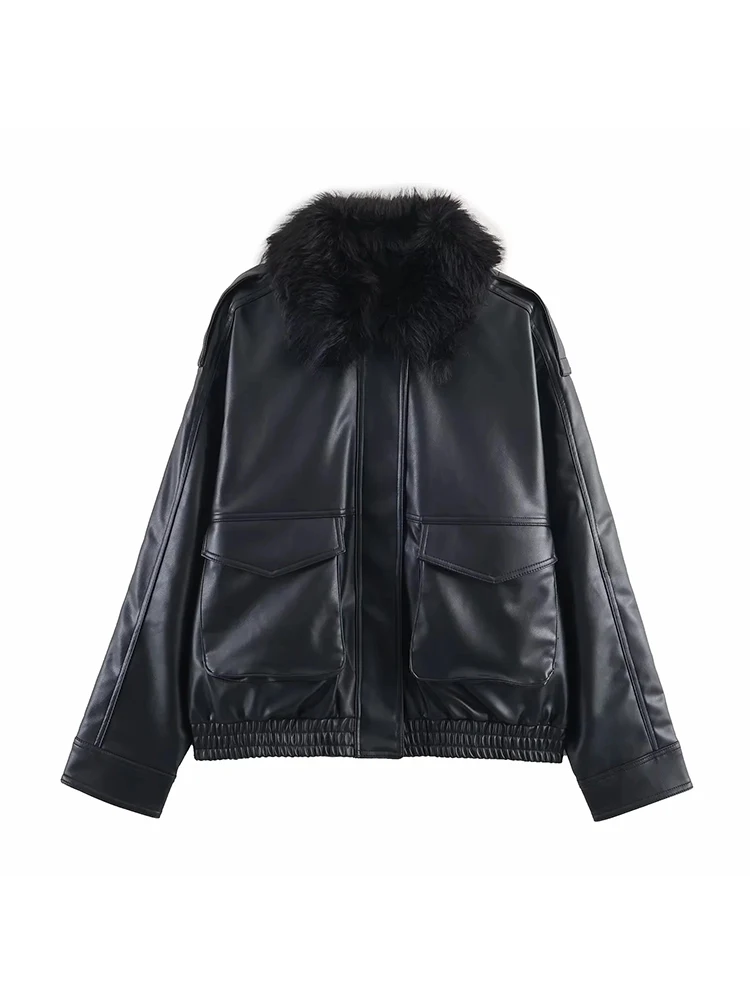 Nuova giacca in pelle da donna collo in pelliccia staccabile manica lunga giacca con cerniera High Street cappotto corto Lady autunno nuovo capispalla