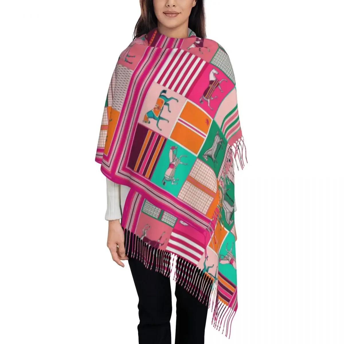 

Женская шаль с рисунком лошади, зимний длинный мягкий шарф, шейный платок для любителей животных, шарфы