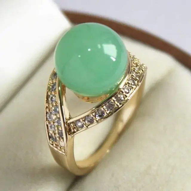 cute lady's 18KGP with crystal decorated &12mm light green stone ring(#7 8 9 10) 5.29