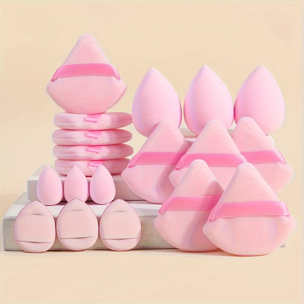 19-Piece Professional Set Including Black and Brown Triangular, Round, Teardrop-Shaped, and Mini Thumb Makeup Sponges