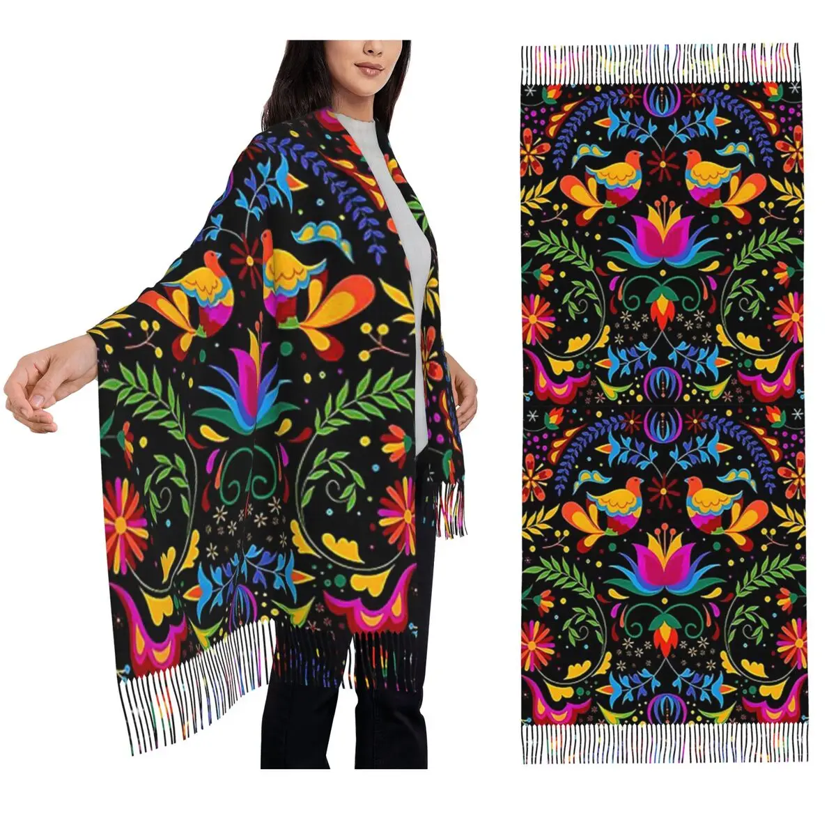 Mexican Flowers And Birds Scarf Tassel Scarves Women Soft Warm Shawls and Wraps Long Fall Winter Shawl Wrap