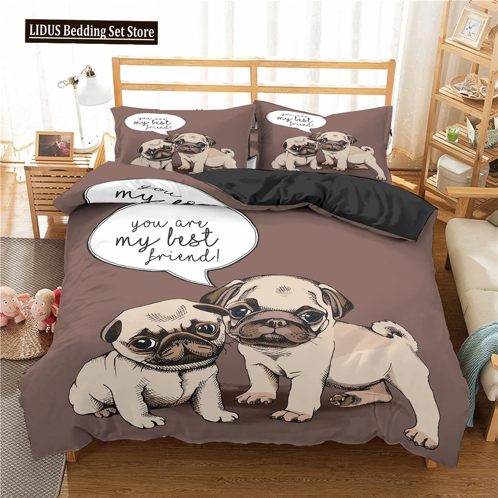 

Cartoon Pug Dog Duvet Cover Set Cute Kawaii Pug Dog Pattern Comforter Cover King Size For Kids Boys Girls Polyester Bedding Set