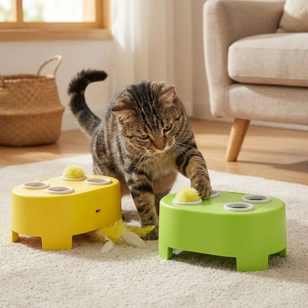 Multi Hole Game Electric Whack Mole Cat 3 Mode Auto Pop Up Pom Pom Balls Feather Cat Chase Game Bite Resistant