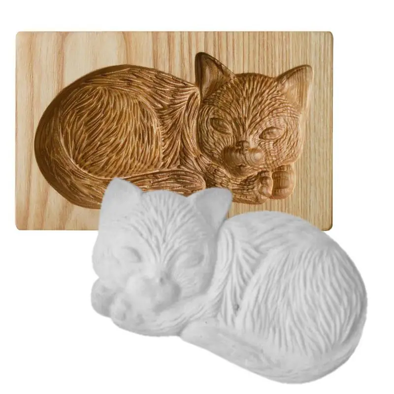 Wooden Cookie Biscuit Mold 3D Cat Shaped Carved Craft Cookie Cutter Suitable For Halloween Thanksgiving Christmas Kitchen DIY