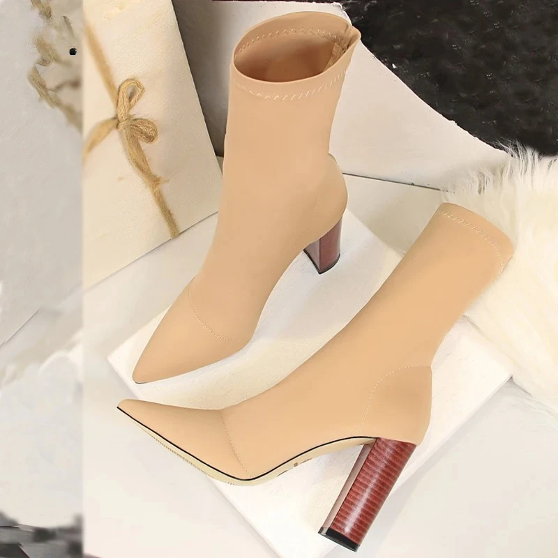 

Aneikeh/2026, осенне-зимние удобные эластичные носки, женские ботильоны, модная женская обувь на квадратном каблуке с острым носком