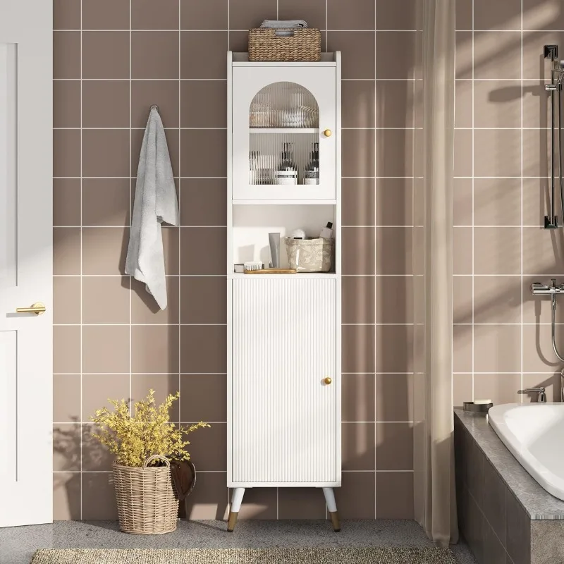 66.9’’ Bathroom Cabinet, Tall Slim Linen Storage Cabinet with 2 Doors and 6 Shelves, Narrow Free Standing Skinny Tower