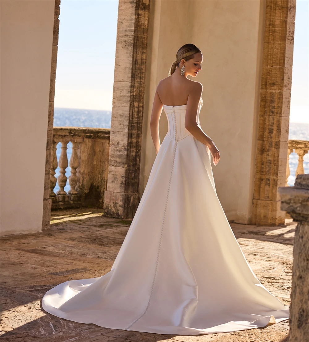 Элегантное белое атласное свадебное платье по индивидуальному заказу, официальное свадебное платье без бретелек без рукавов, трапециевидное платье в стиле бохо со шлейфом, Vestido De Novia