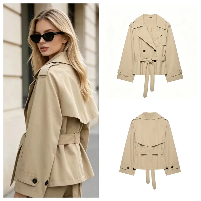 2026 Women's Fashion Simple Short Jacket - European Style, Belt Design, Padded Shoulders, Polyester, Long Sleeve