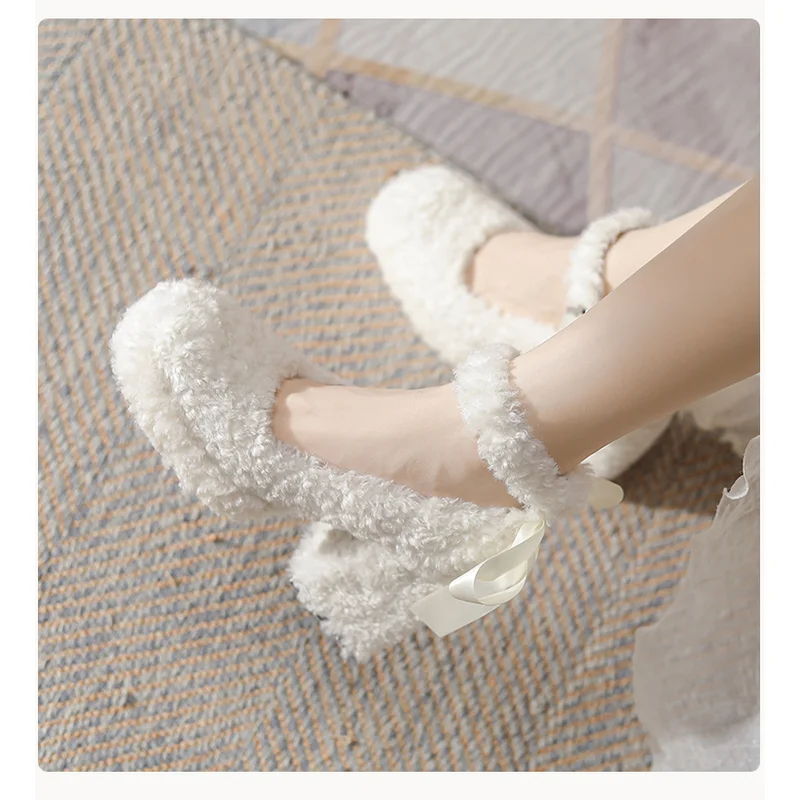 

White Mary Jane Thick Soled Lamb Hairy Shoes Lolita Girls Coarse Heel Waterproof Platform High Heels Winter Plush Single Shoes