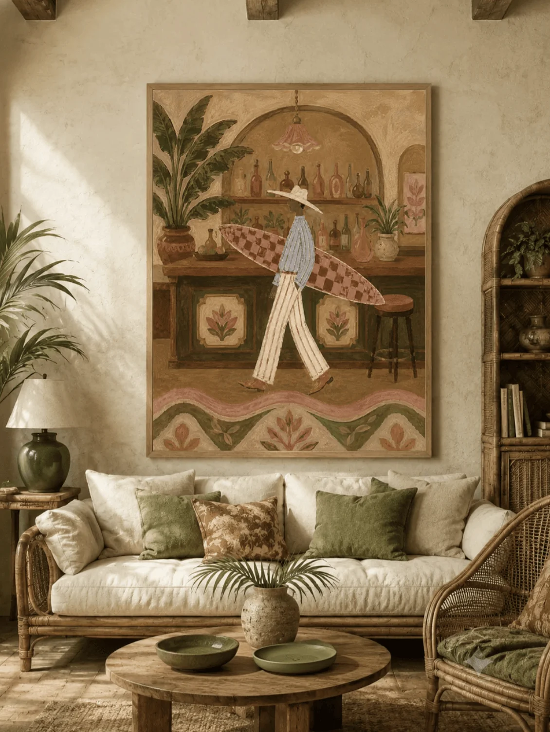 Vintage Surfer Man Check Surfboard Wall Art Canvas Prints, Tropical Retro Posters, Earthy Decor for Living Room Bedroom Decor