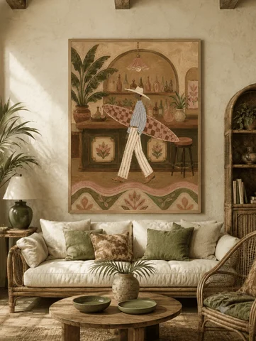 Vintage Surfer Man Check Surfboard Wall Art Canvas Prints, Tropical Retro Posters, Earthy Decor for Living Room Bedroom Decor