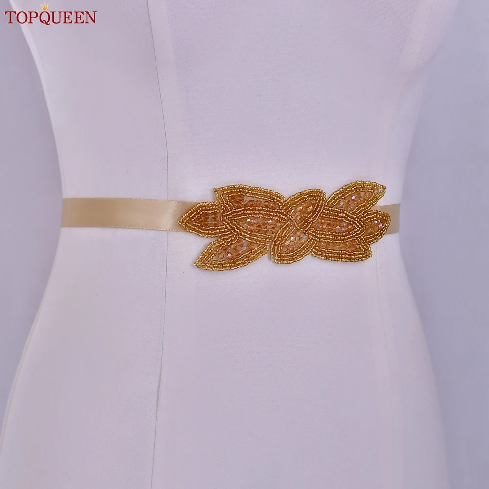 TOPQUEEN-Cinturón de parche de cristal champán, accesorio de boda hecho a mano, con cuentas, para dama de honor, S144