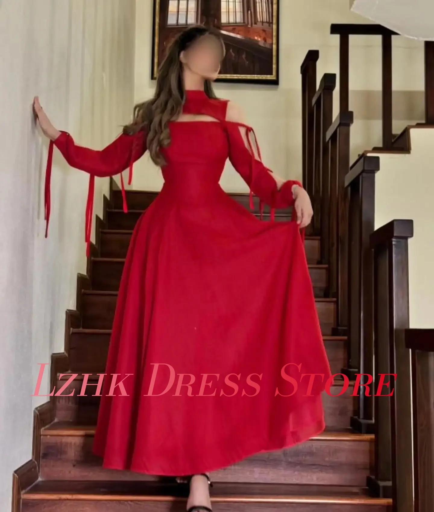 Robe de soirée personnalisée en Jersey délicat, ligne a, rubans, manches longues, col haut, longueur au sol, robes d'occasion sur mesure