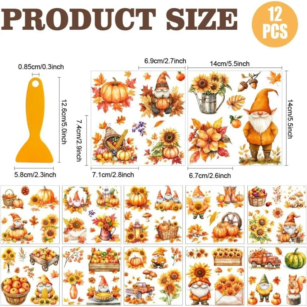 12 Sheets Thanksgiving Fall Gnome Rub on Transfer for Crafts Pumpkin Sunflower Stickers Furniture Decal for Autumn Home School