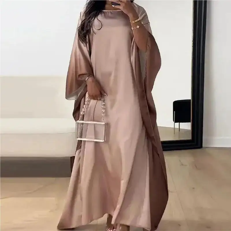 

New Fashion Gradient Printed Holiday Robe Dress Sexy Women's O-neck Ethnic Style Maxi Dress Casual Beach Pleated Satin Dress