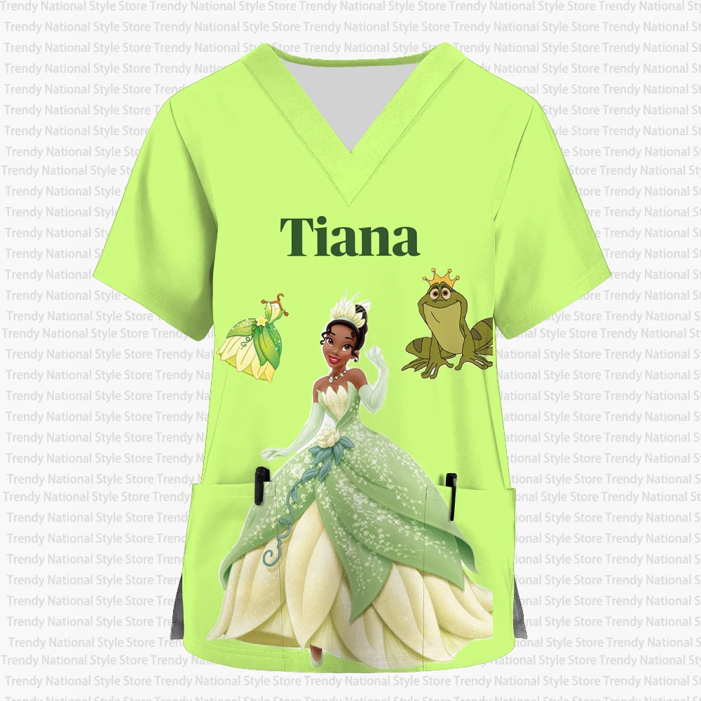 2026 Disney Princess Tiana Infermieristica Stampa smerigliata Negozio di animali Salone di toelettatura T-shirt da lavoro Nuova estate Uniforme da infermiera delle donne