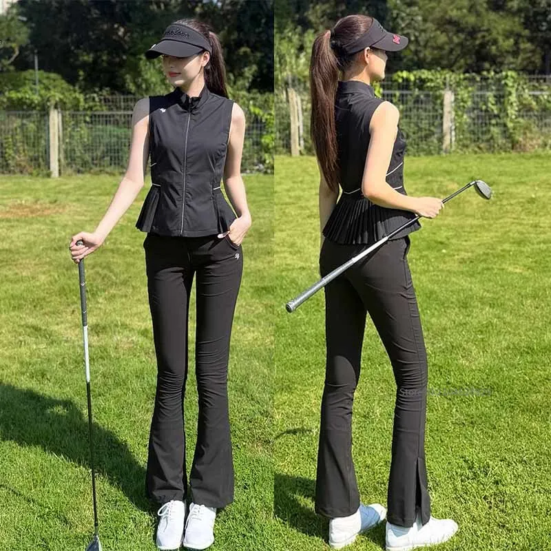 SG Golf Female Vest Women Sleeveless Pleated Slim Top Zipper A-lined Jacket Ladies High Waist Split Golf Pants Flared Trousers