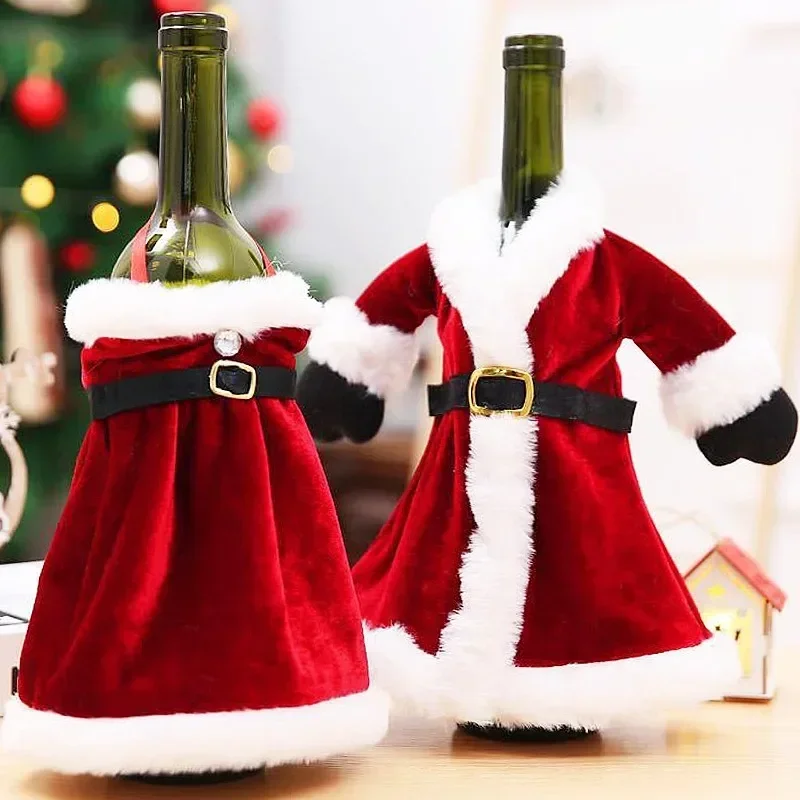 Velvet Wine Bottle Cover Red Dress Clothes Christmas Wine Bottle Bags Xmas New Year Party Dinner Table Decoration Gift Wholesale