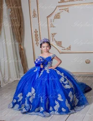 Royal Blue Ball Gown Flower Girl Dresses Lace Appliques V-neck Used for Prom Pageant Communion Official Events Birthday Wedding