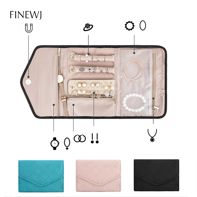 

Travel Portable Jewelry Organizer Roll Zippered Foldable Carrying Case Ring Necklace Earring Studs Holder Jewelry Storage Bag