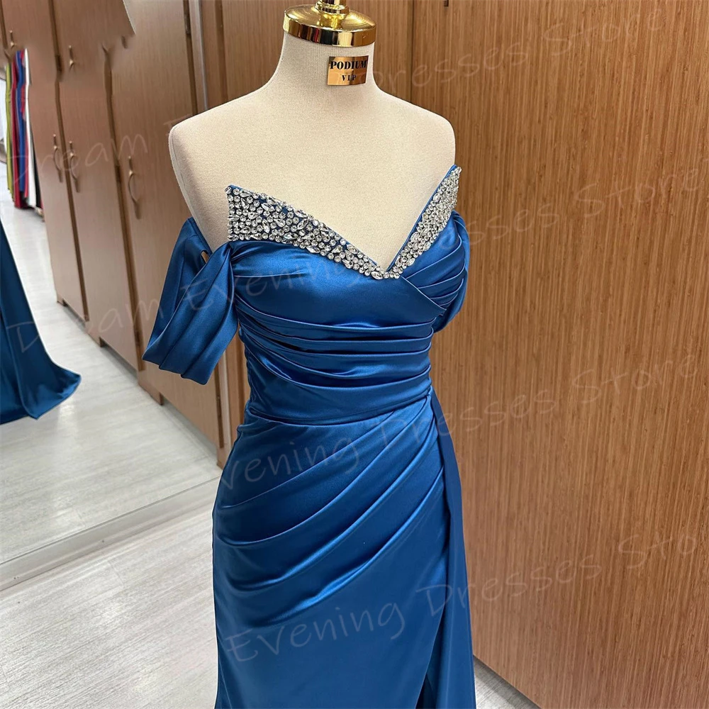 Fascinating Blue Mermaid Popular Women's Evening Dresses Sexy Sleeveless Prom Gowns Modern Side Split Beaded Vestido De Noche