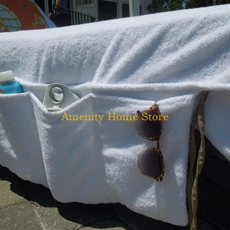 F26C Microfiber Terry Cloth Chaise Lounge Chair Cover Beach Bath Towel with Side Pocket for Pool for Sun Lounger Sunbathing