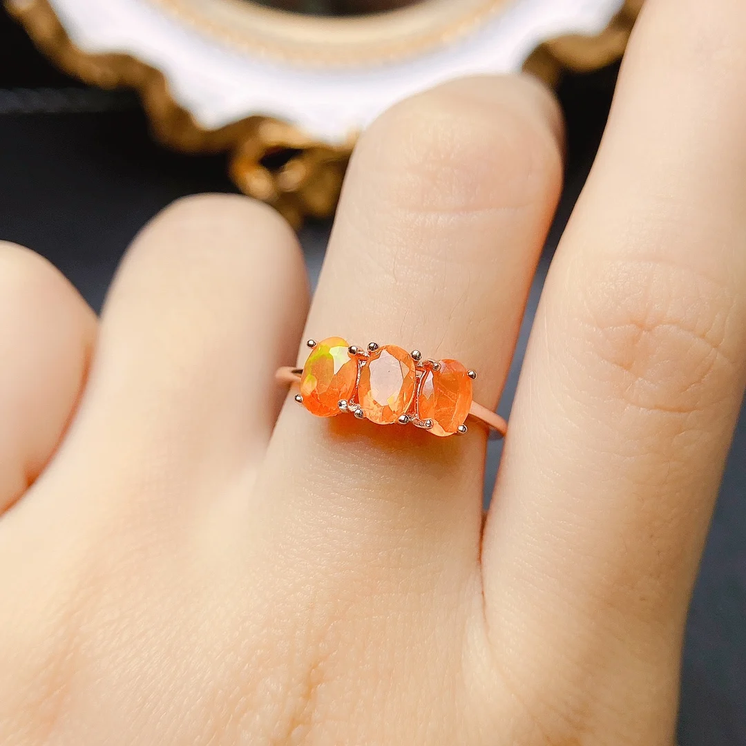 October Birthstone Opal Ring Three Stones Orange Fire Opal Ring 925 Sterling Silver Natural Opal Engagment Rings For Gift - view 5