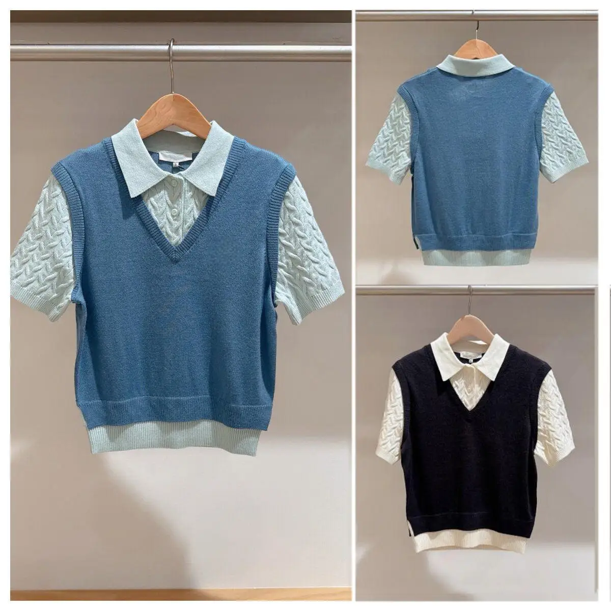 2026 New Women Golf Knit Short Sleeve Top Color Block Fake Two Piece Breathable Casual Sports Versatile Ladies