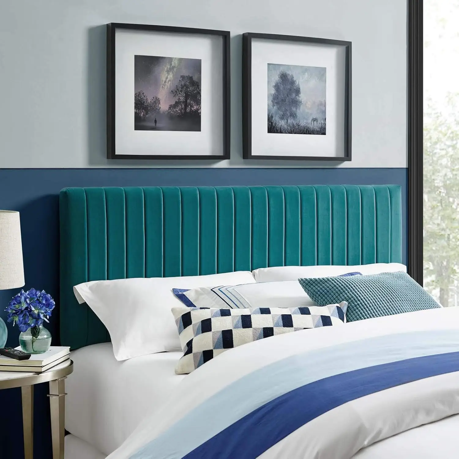 Keira Channel Tufted Performance Velvet Upholstered Full / Queen Headboard in Teal