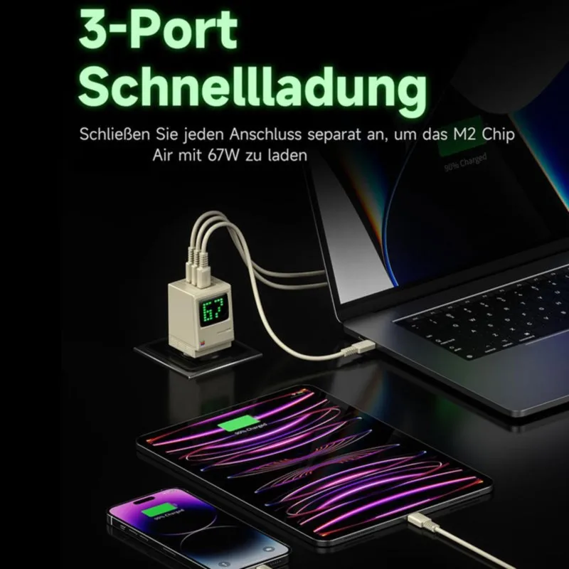 Retro 67W Fast Charger with Digital Rain 3xUSB-C Charger Power Adapter for Tablet Smartphone Fast Charging US Plug  -Miuai】