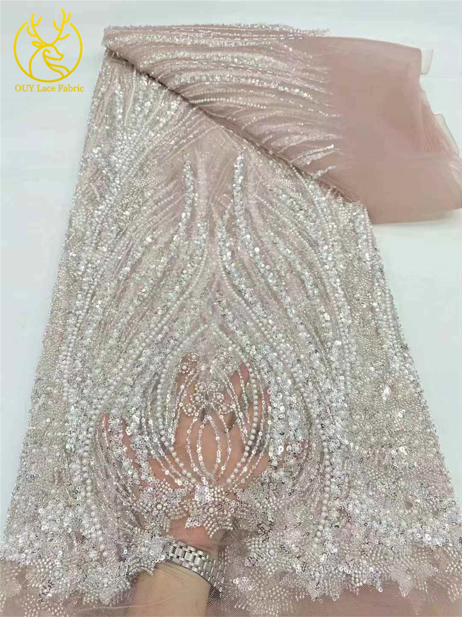 2025 Hot New High-end Luxury French Sequin Beaded Lace Fabric African Nigerian Groom Embroidery Fabric Wedding Material 5 Yards
