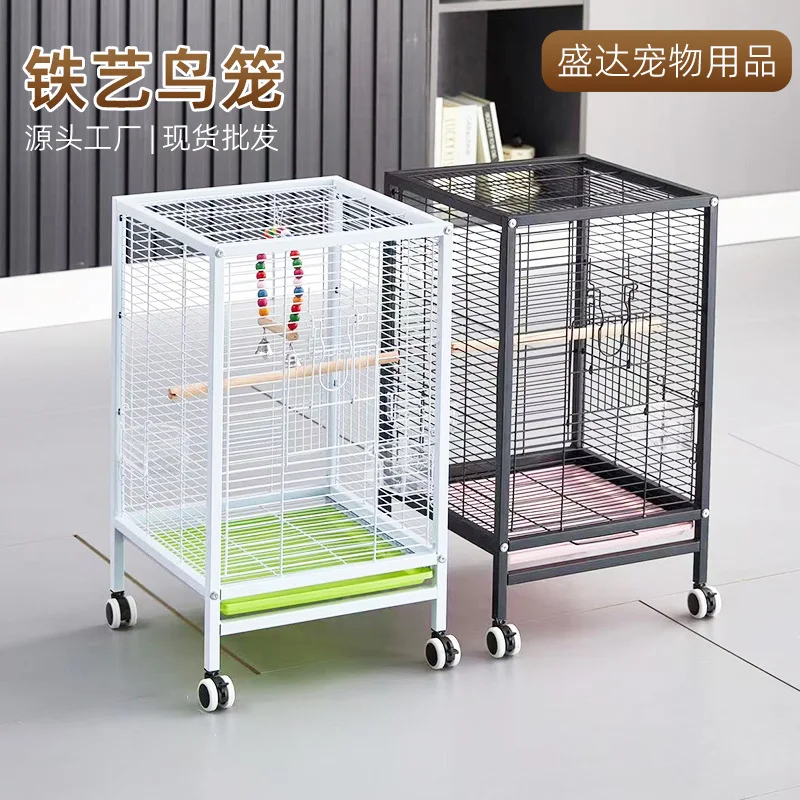 Small myna parrot bird cage luxury villa with wheels movable starling cage household splash-proof wrought iron bird cage