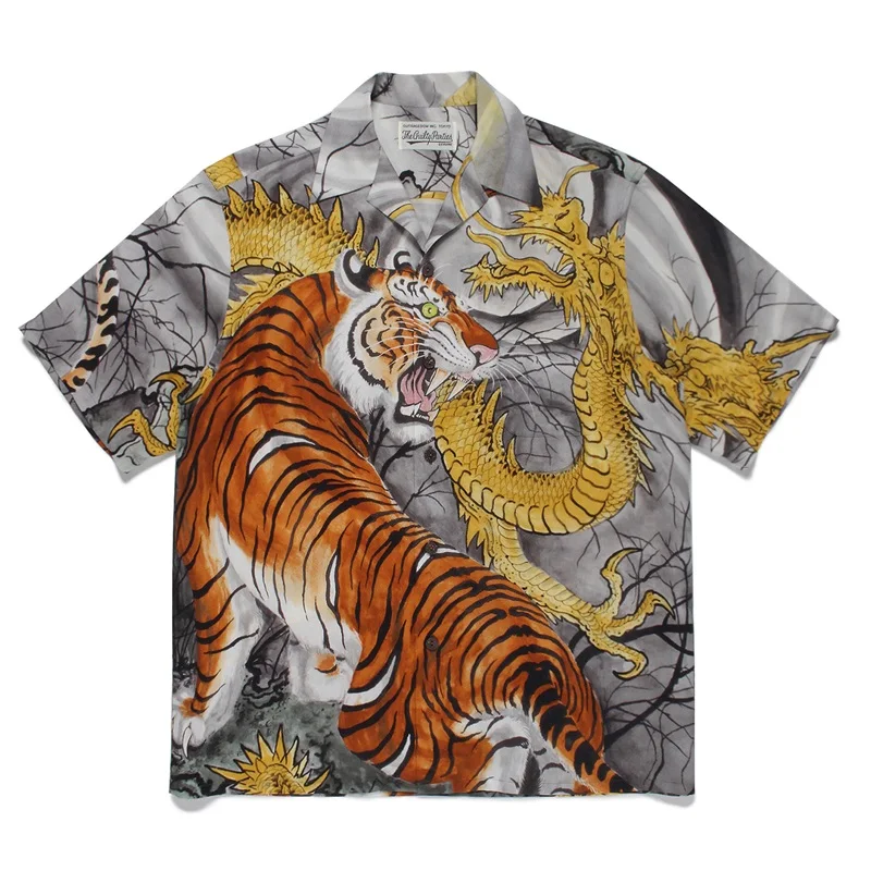 

WACKO MARIA Shirt Dragon Tiger Totem High Quality Summer Top Shirt Vintage Shirt Lapel Hawaii Short Sleeve Shirt