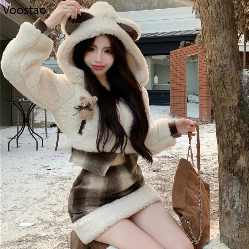 Autumn Winter Sweet Lolita Style Skirt Sets Women Cute Cartoon Bear Ears Hooded Plush Short Coat Mini Plaid Skirt 2 Piece Set