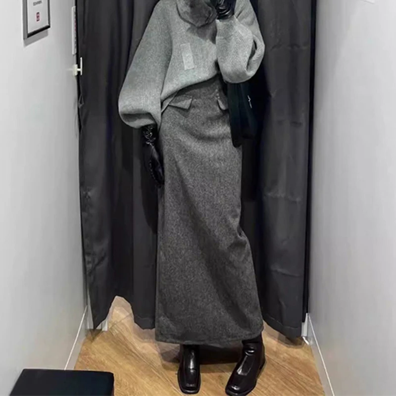 

Elegant Woolen Midi Skirt Women Vintage Sexy Split Hip Wrap Skirts Winter Ladies Korean High Waist Design Slit A Line Faldas New