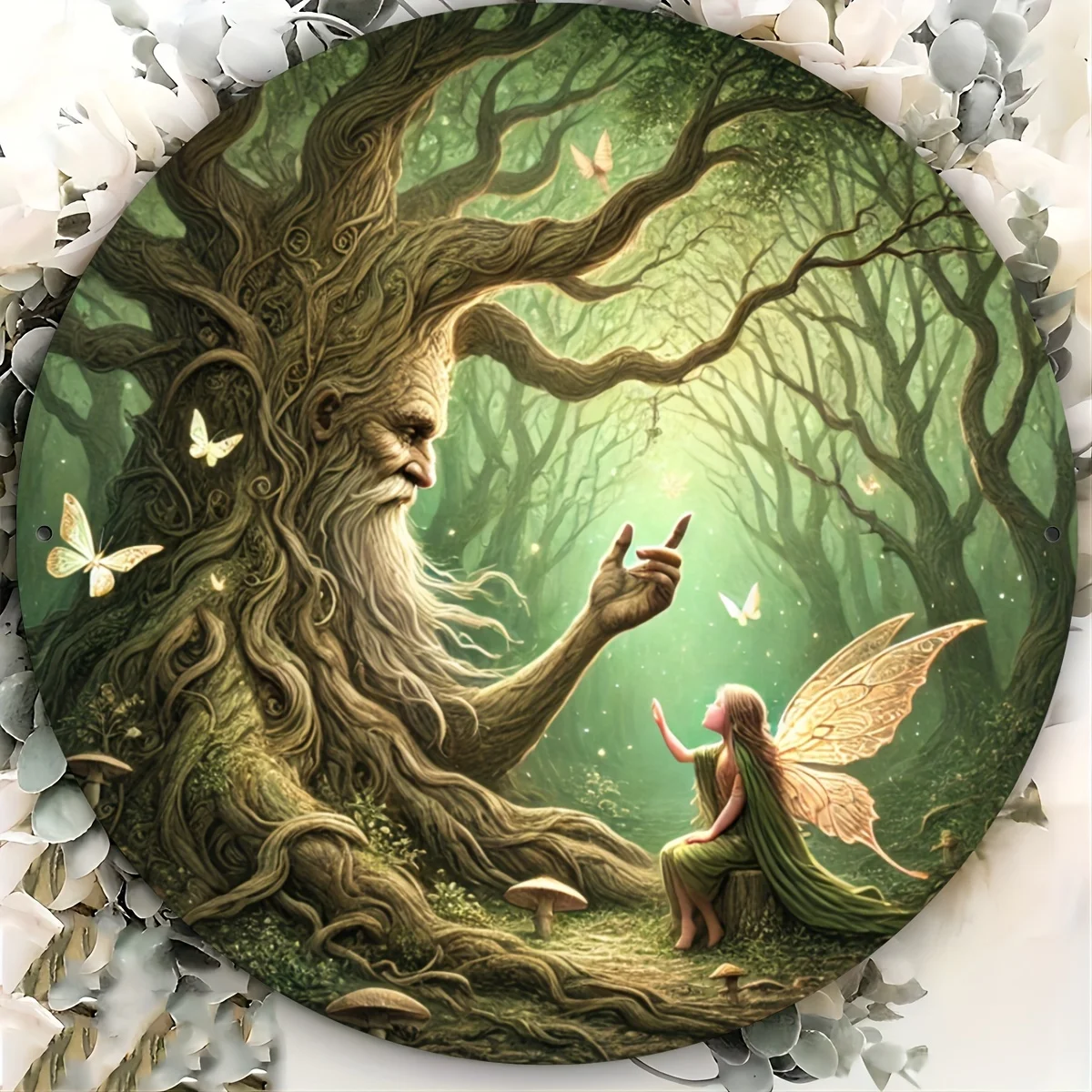 2D Flat, 1pc Rustic Round Metal Wall Art Sign - 20.32x20.32 cm UV & Scratch-Resistant Iron Tin Sign with Mystical Forest Scene,