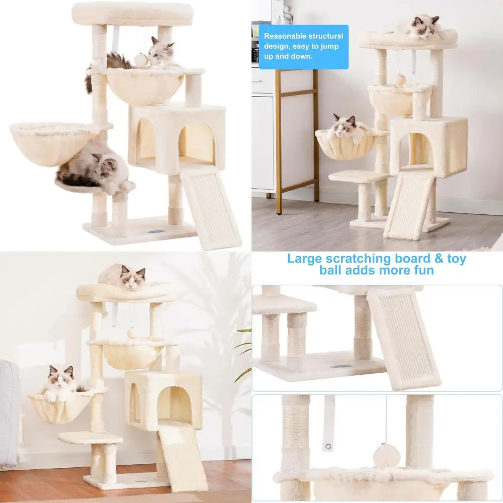 

Домашнее кошачье дерево с большой мягкой кроватью, уютным кондоминированием, гамаками, когтеточками из сизаля и большим когтеточком — бежевый