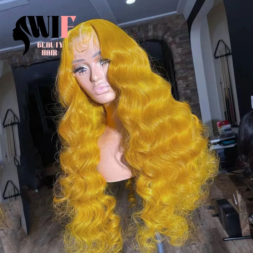 Wig kuning Wig rambut panjang gelombang renda Wig mode Kuning tahan panas tubuh gelombang sintetis renda depan Wig untuk wanita penggunaan Cosplay