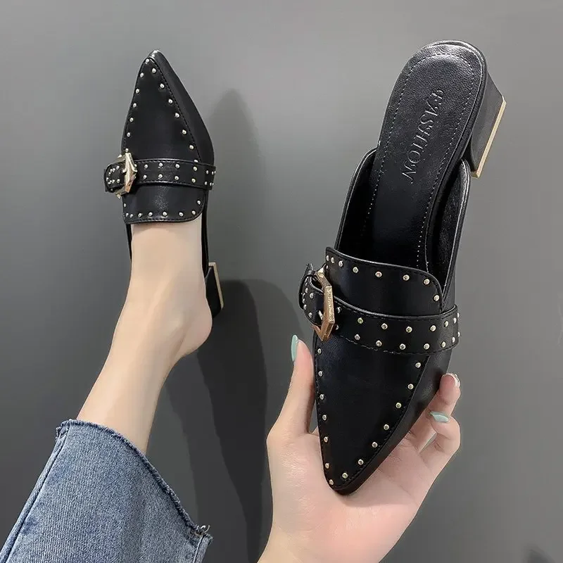 Buckle Baotou Slippers Mules Shoes for Women Closed Toe 2023 Summer Pointed Toe Slip-On Low Heels Flats Shoes Sandals Slides