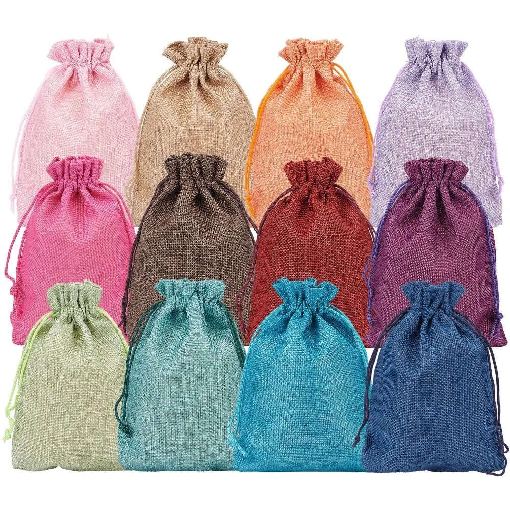 24 PCS 12 Color Burlap Bags with Drawstring Gift Bags Jewelry Pouch for Wedding Party and DIY Craft, Flat Measurement