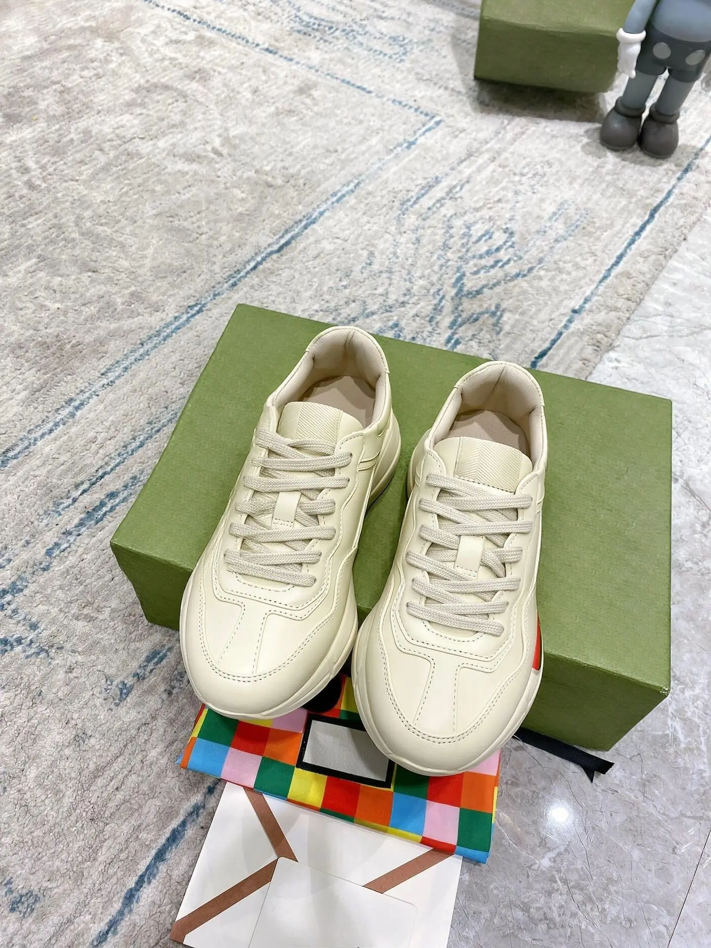 Unisex Cream Faux Leather Chunky Dad Sneakers, Lace Up Low Top Thick Platform Sole Casual Walking Shoes