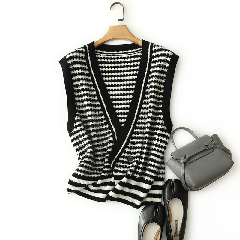 masigoch autumn winter chic knitwear luxury jacquard 100% cashmere striped cardigan vest