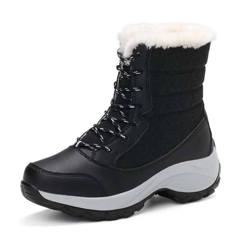 High quality mid calf leather snow boots for women new 2023 winter size 41 42 outdoor plush warm walking shoe - black beige