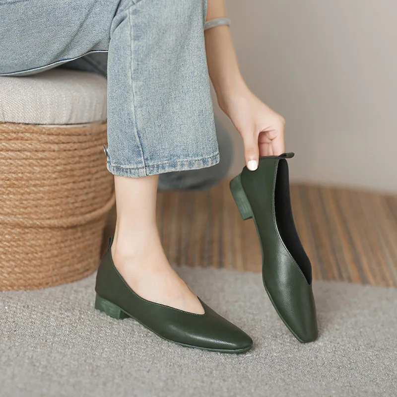 Woman Elegant Summer Pumps French Square Toe Green Mary Janes Cute Casual Female Retro Shoes Low Heeled Soft Soled Flat Shoes