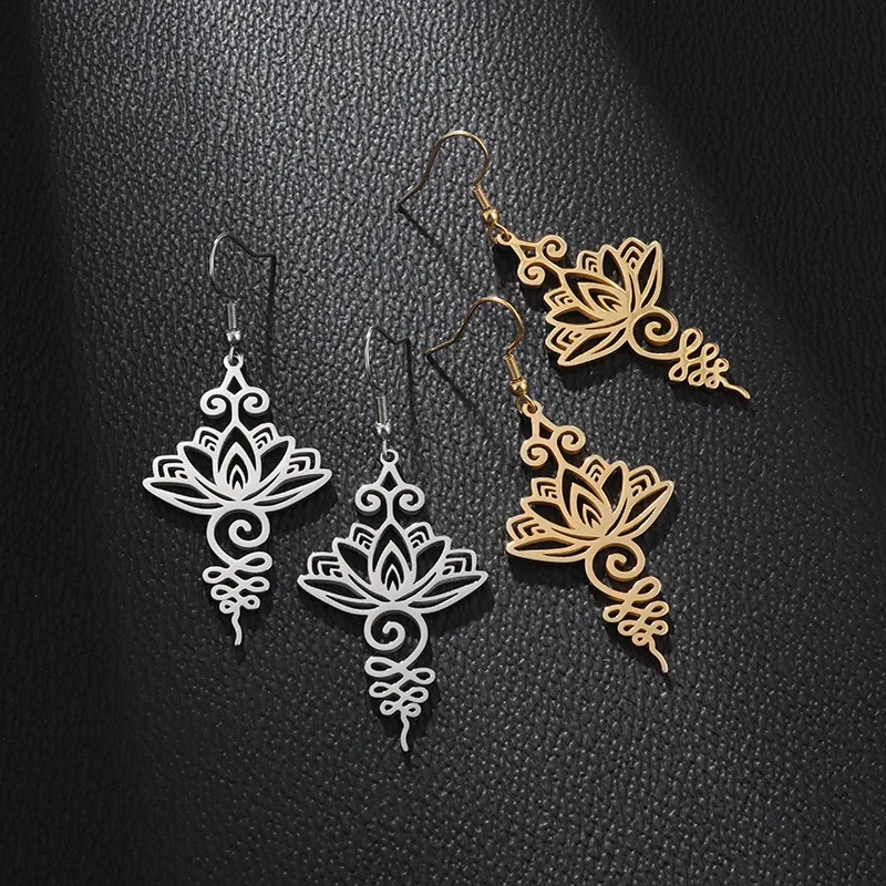 Exquisite Stainless Steel Plant Hollow Flower Lotus Pendant Earrings Women's Fashion Yoga Casual Jewelry Gift