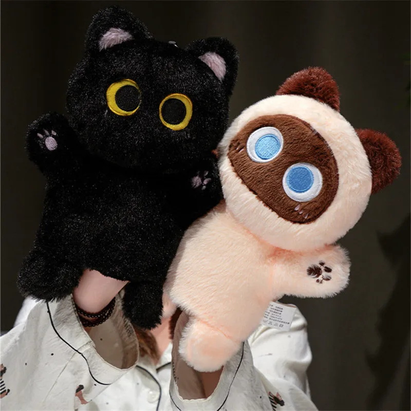 Kreskówkowy lalka na rękę w kształcie kota syjamskiego, miękka pluszowa zabawka, czarny kot, cosplay, pluszowa lalka, zabawki edukacyjne, kawaii lalka na palec.