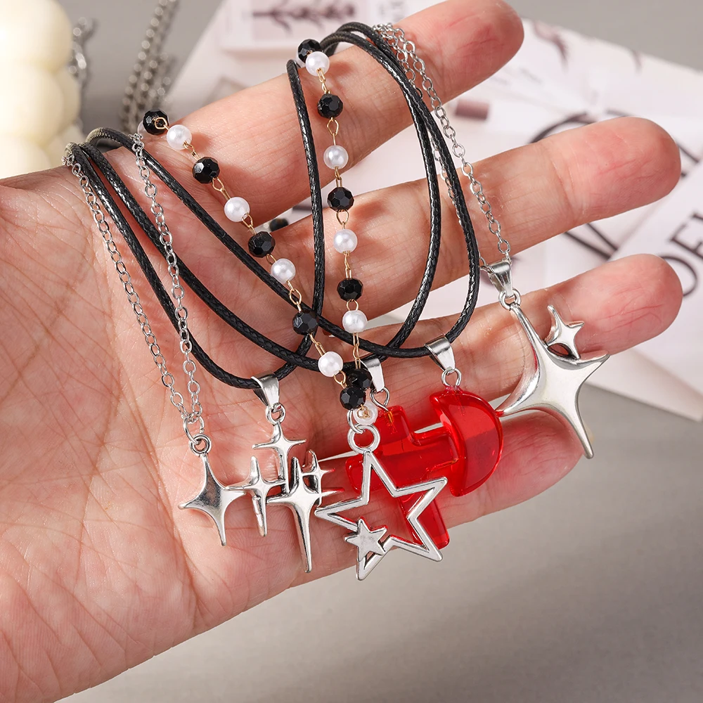 Aihua Neue Koreanische Mode Mond-Polaris-Stern-Anhänger Halskette für Damen und Herren Schwarze Seilkette Choker Y2k Party Schmuck Geschenke – Detail 7