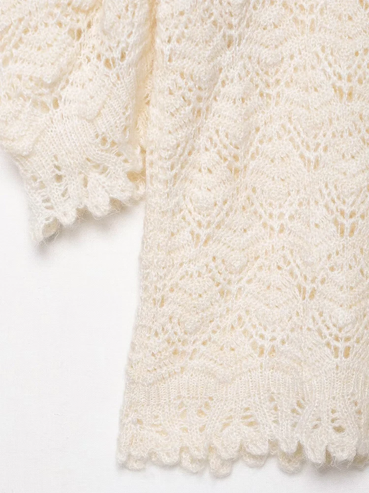 Estilo europeo y americano otoño nueva moda casual mujer delgado romántico acanalado burbuja manga corta suéter de cuello alto