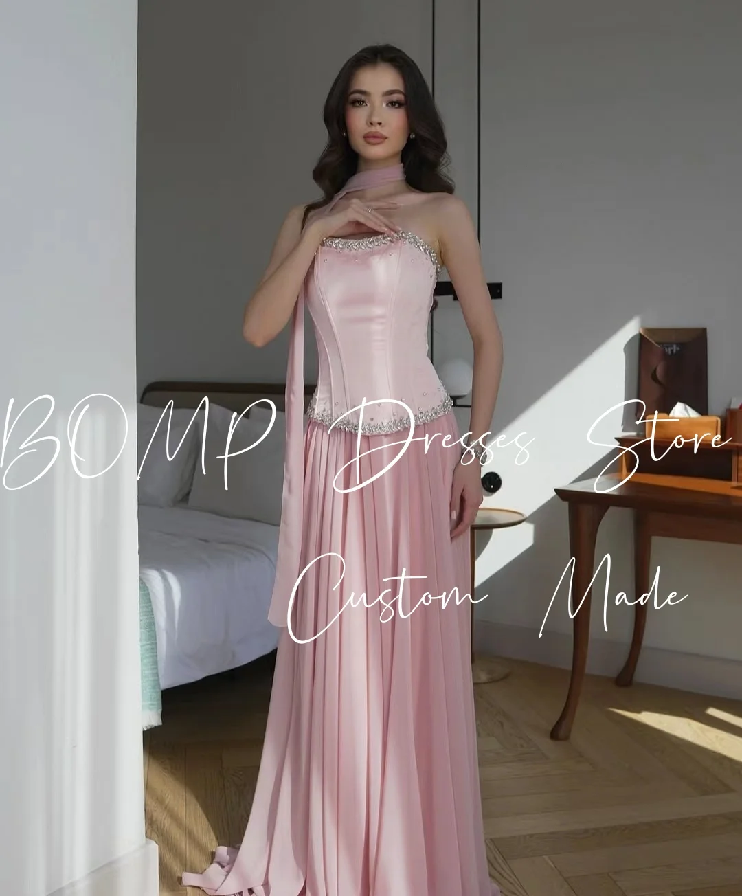 BOMP Prachtige kralen bruiloft feestjurk strapless korset gelaagde gedrapeerde a-lijn satijn speciale gelegenheid avondjurk op maat