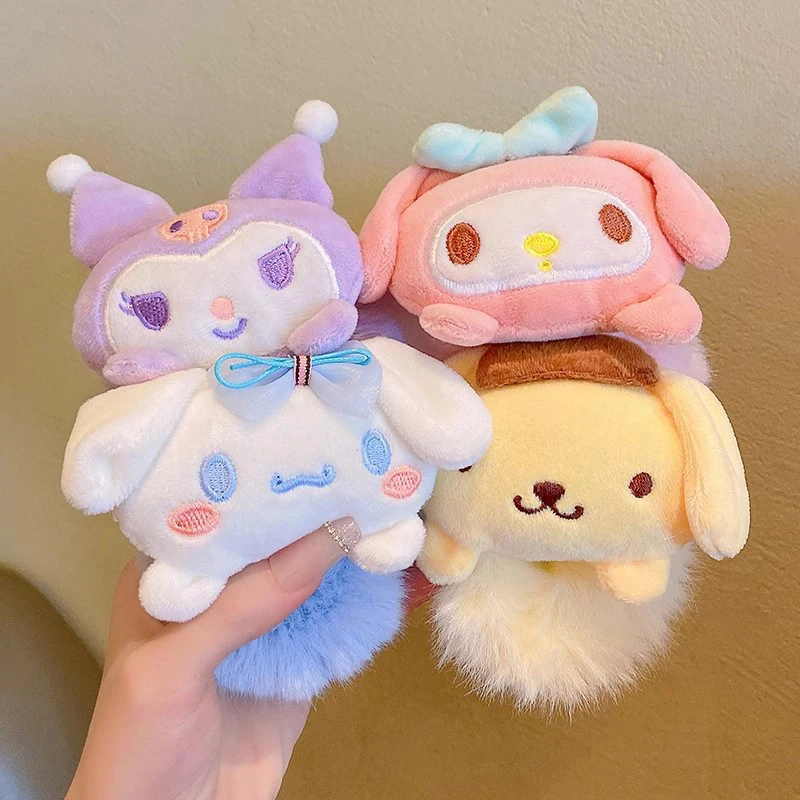 Sanrio Cartoon Cute Plush Scrunchies Kuromi Melody Cinnamoroll Pudding Dog Hair Ring Elastic Hairband For Girls Hair Accessories